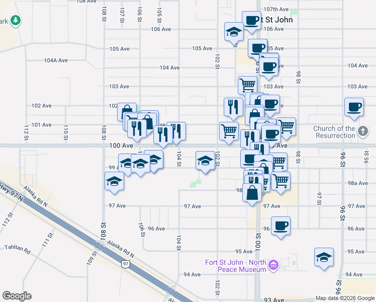 map of restaurants, bars, coffee shops, grocery stores, and more near 10343 100 Avenue in Fort St. John
