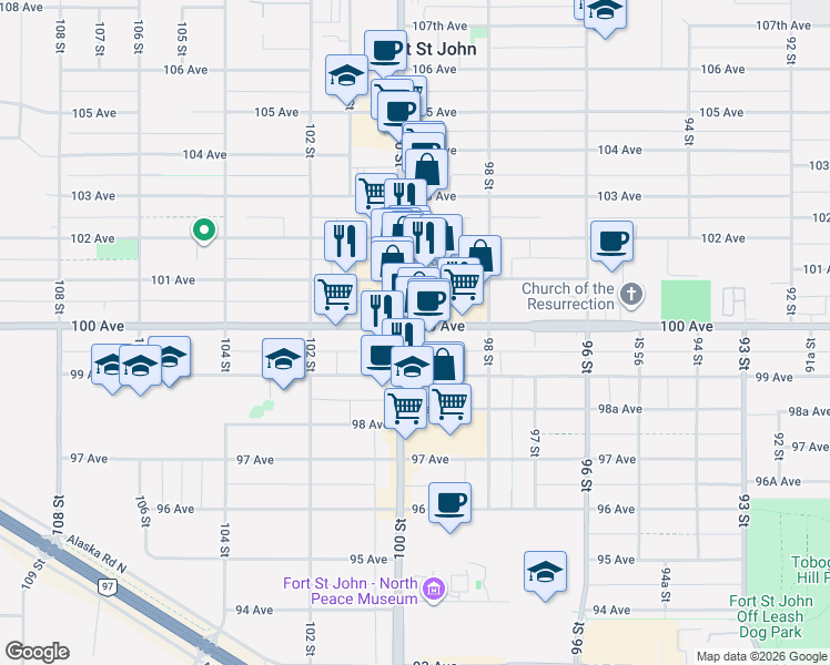 map of restaurants, bars, coffee shops, grocery stores, and more near 9947 100 Avenue in Fort St. John
