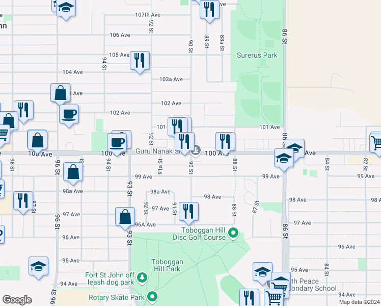 map of restaurants, bars, coffee shops, grocery stores, and more near 100 Avenue in Fort St. John