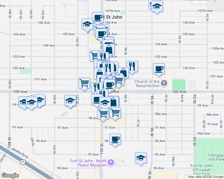 map of restaurants, bars, coffee shops, grocery stores, and more near 9900 100 Avenue in Fort St. John