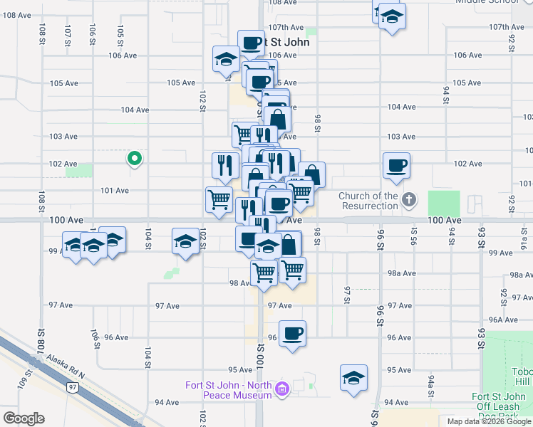 map of restaurants, bars, coffee shops, grocery stores, and more near 10007 100 Street in Fort St. John