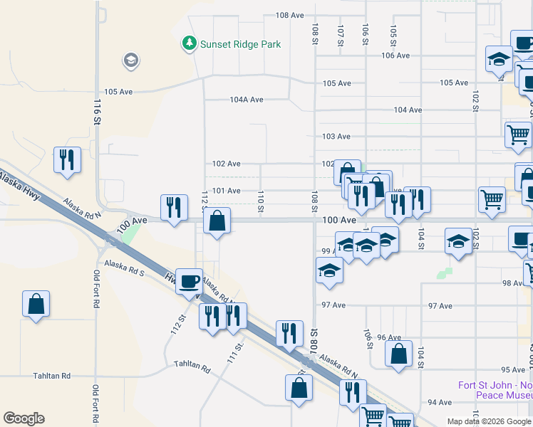 map of restaurants, bars, coffee shops, grocery stores, and more near 10920 100 Avenue in Fort St. John