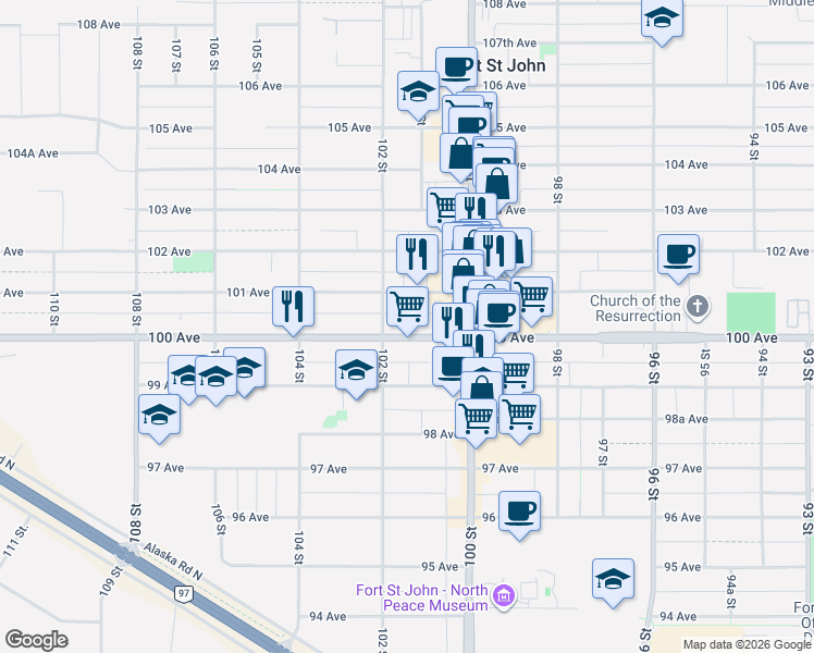 map of restaurants, bars, coffee shops, grocery stores, and more near 10130 100 Avenue in Fort St. John