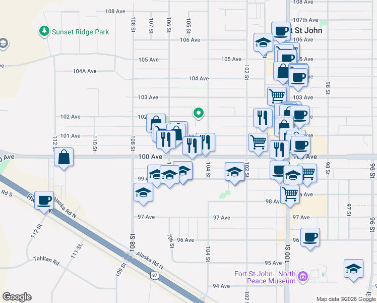 map of restaurants, bars, coffee shops, grocery stores, and more near 10504 100 Avenue in Fort St. John