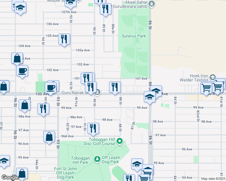 map of restaurants, bars, coffee shops, grocery stores, and more near 8920 100 Avenue in Fort St. John