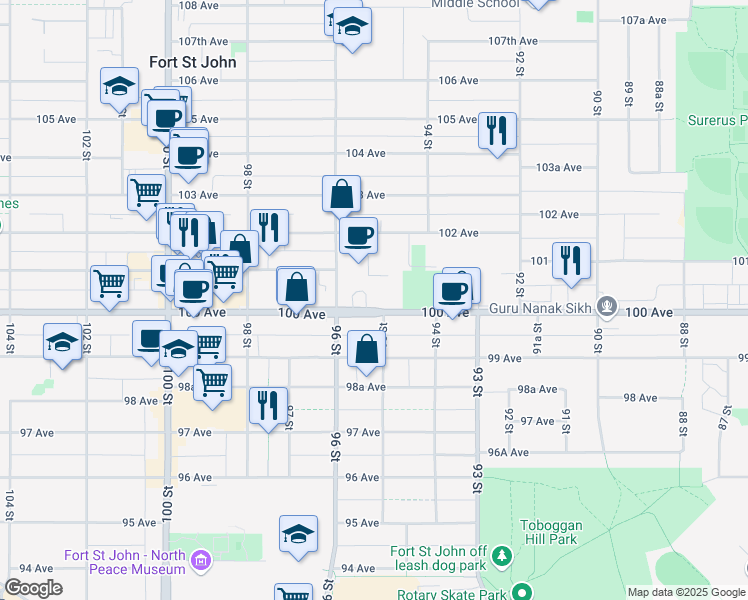 map of restaurants, bars, coffee shops, grocery stores, and more near 9504 100 Avenue in Fort St. John