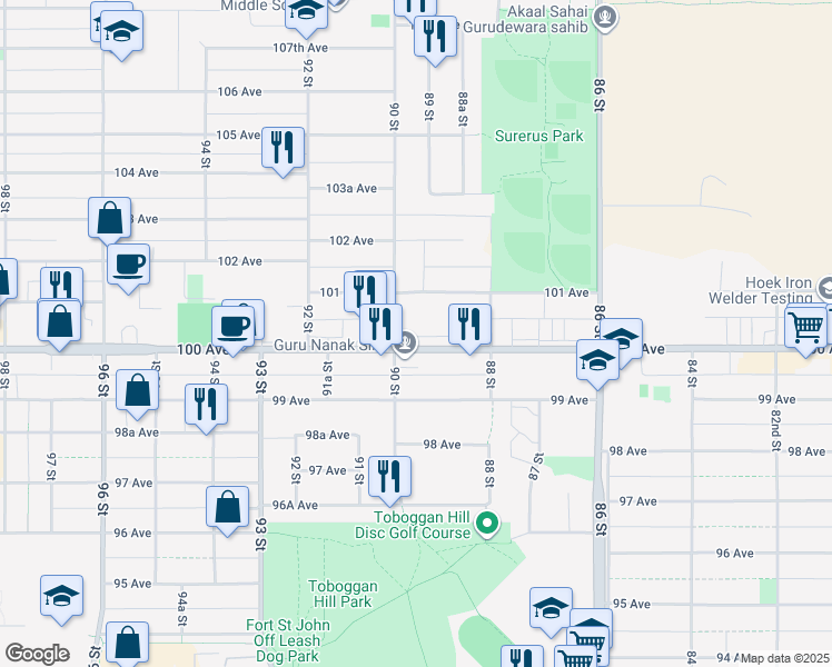map of restaurants, bars, coffee shops, grocery stores, and more near 8924 100 Avenue in Fort St. John