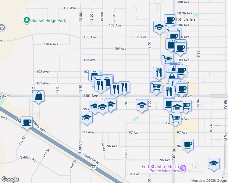 map of restaurants, bars, coffee shops, grocery stores, and more near 10504 100 Avenue in Fort St. John