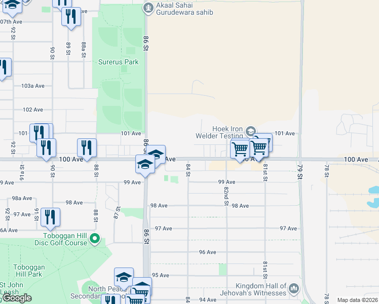 map of restaurants, bars, coffee shops, grocery stores, and more near 8354 100 Avenue in Fort St. John