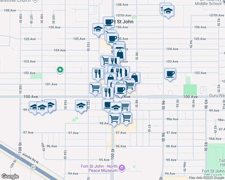 map of restaurants, bars, coffee shops, grocery stores, and more near 10044 100 Street in Fort Saint John