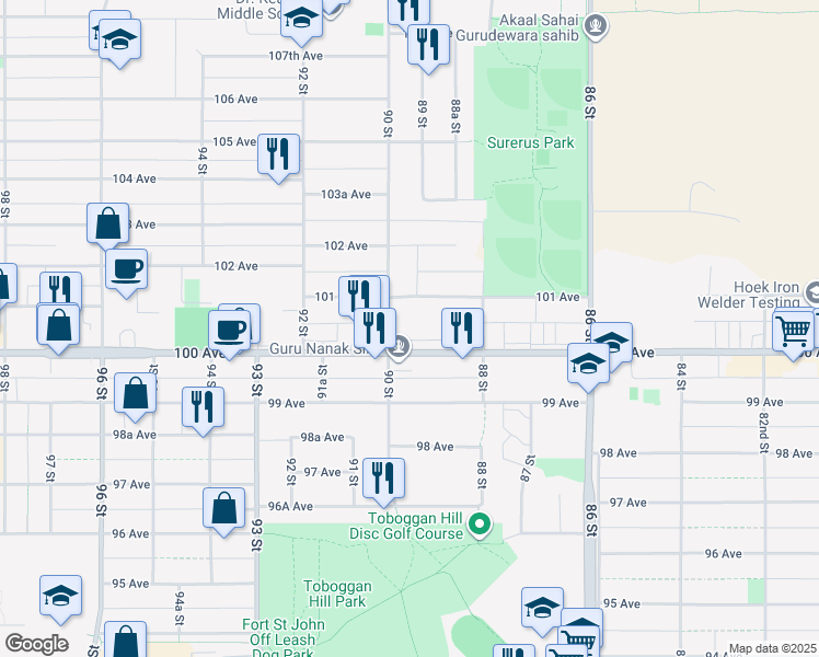 map of restaurants, bars, coffee shops, grocery stores, and more near 8924 100 Avenue in Fort St. John