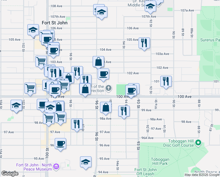 map of restaurants, bars, coffee shops, grocery stores, and more near 9504 100 Avenue in Fort St. John