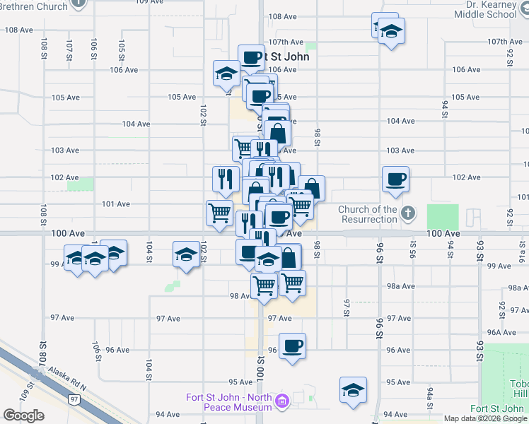 map of restaurants, bars, coffee shops, grocery stores, and more near 10039 100 Street in Fort St. John