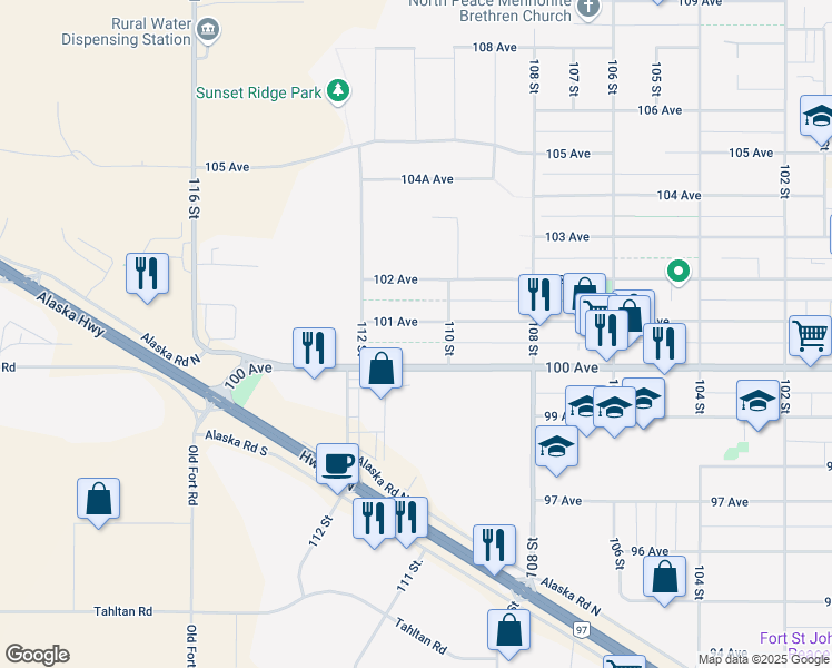 map of restaurants, bars, coffee shops, grocery stores, and more near 201 101 Avenue in Fort St. John