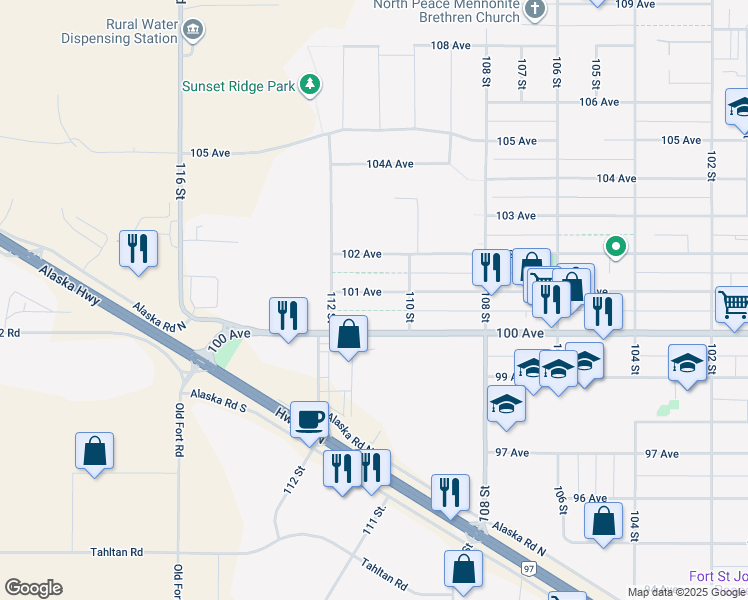 map of restaurants, bars, coffee shops, grocery stores, and more near 201 101 Avenue in Fort St. John