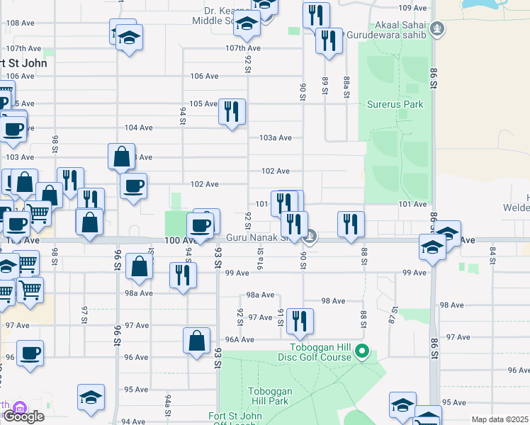 map of restaurants, bars, coffee shops, grocery stores, and more near 9111 101 Avenue in Fort Saint John