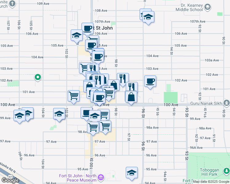 map of restaurants, bars, coffee shops, grocery stores, and more near 8141 101 Avenue in Fort St. John