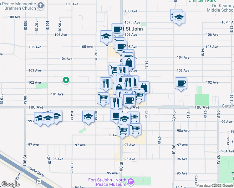 map of restaurants, bars, coffee shops, grocery stores, and more near 10044 100 Street in Fort Saint John