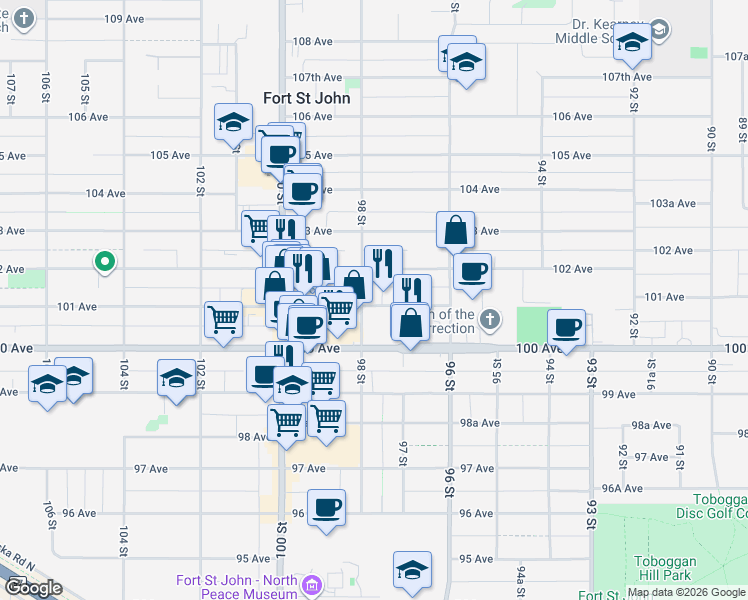 map of restaurants, bars, coffee shops, grocery stores, and more near 9730 101 Avenue in Fort Saint John