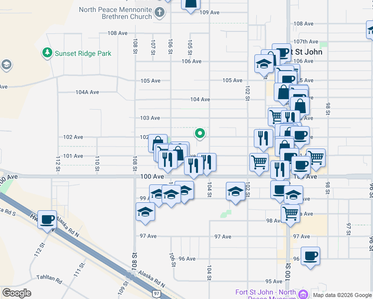 map of restaurants, bars, coffee shops, grocery stores, and more near 10508 101 Avenue in Fort St. John
