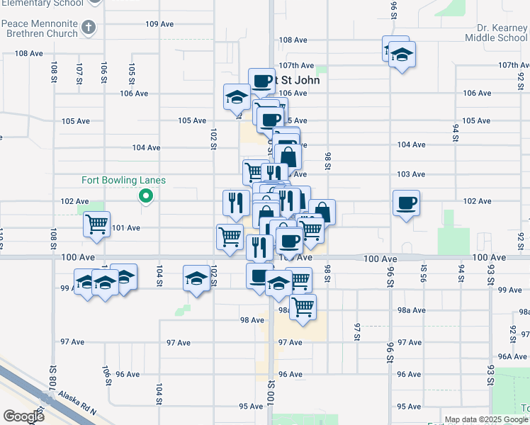 map of restaurants, bars, coffee shops, grocery stores, and more near 10128 100 Street in Fort St. John