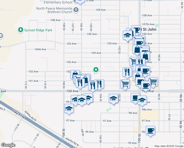 map of restaurants, bars, coffee shops, grocery stores, and more near 10419 102 Avenue in Fort St. John