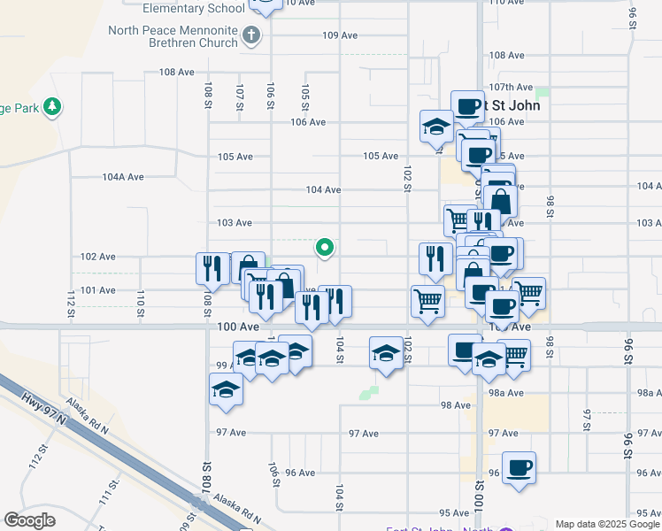 map of restaurants, bars, coffee shops, grocery stores, and more near 10116 104 Street in Fort Saint John