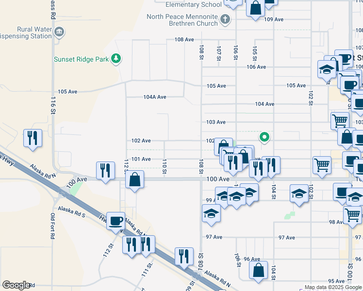 map of restaurants, bars, coffee shops, grocery stores, and more near 10907 102 Avenue in Fort St. John