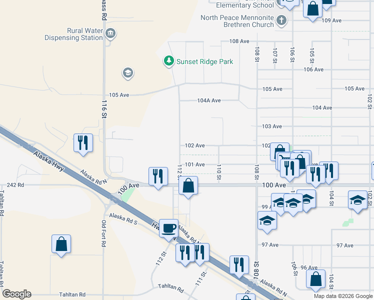 map of restaurants, bars, coffee shops, grocery stores, and more near 11115 102 Avenue in Fort St. John
