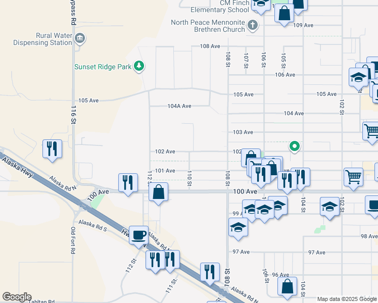map of restaurants, bars, coffee shops, grocery stores, and more near in Fort St. John