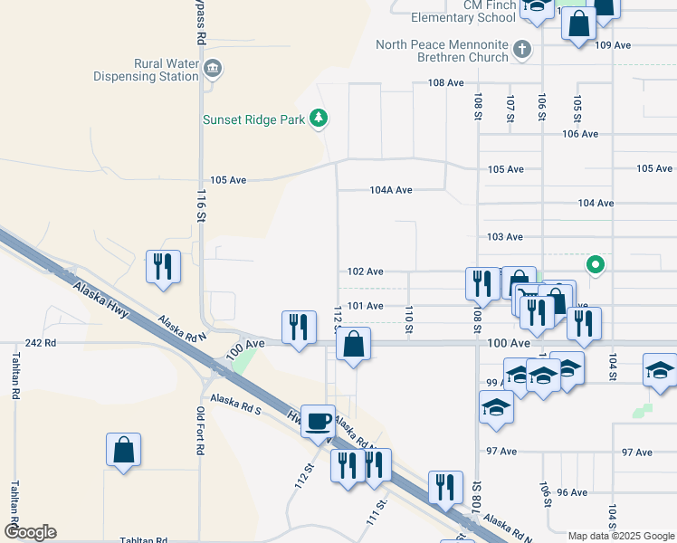 map of restaurants, bars, coffee shops, grocery stores, and more near 10211 112 Street in Fort Saint John