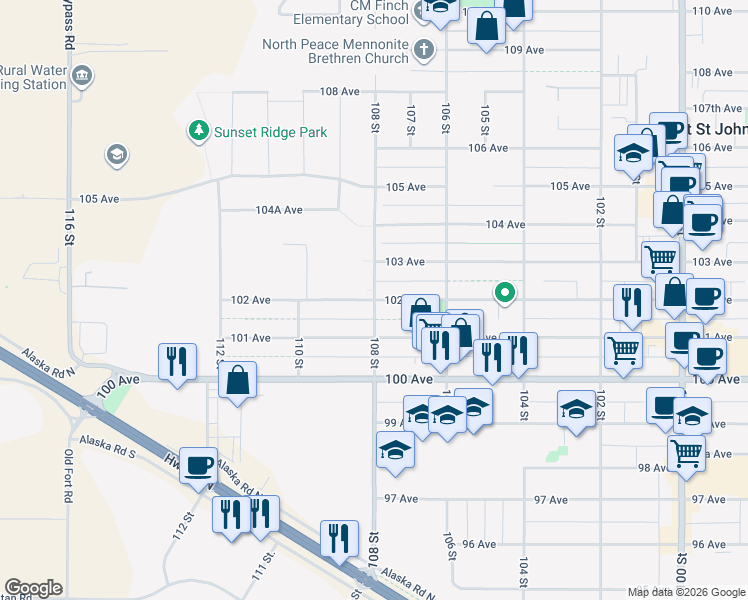 map of restaurants, bars, coffee shops, grocery stores, and more near 102 Ave & 108 St in Fort Saint John