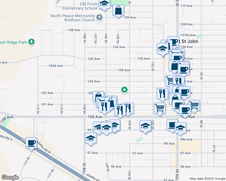 map of restaurants, bars, coffee shops, grocery stores, and more near 10512 102 Avenue in Fort St. John