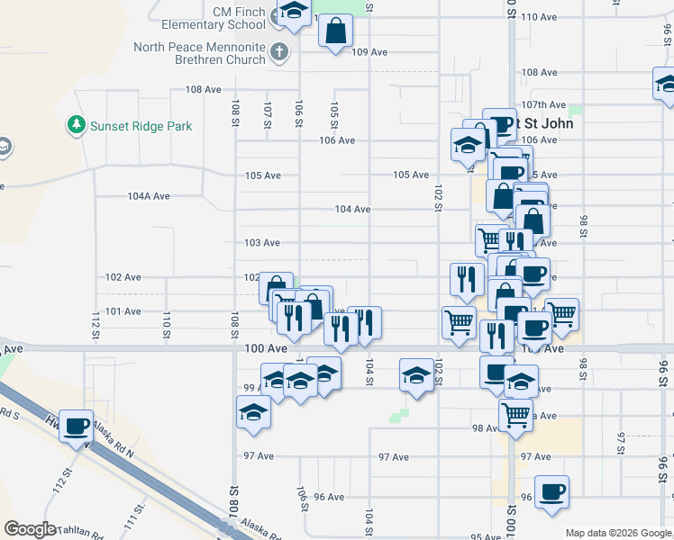 map of restaurants, bars, coffee shops, grocery stores, and more near 10424 102 Avenue in Fort St. John