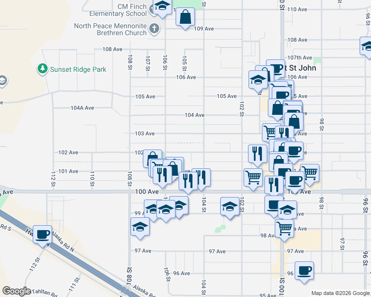 map of restaurants, bars, coffee shops, grocery stores, and more near 10424 102 Avenue in Fort St. John