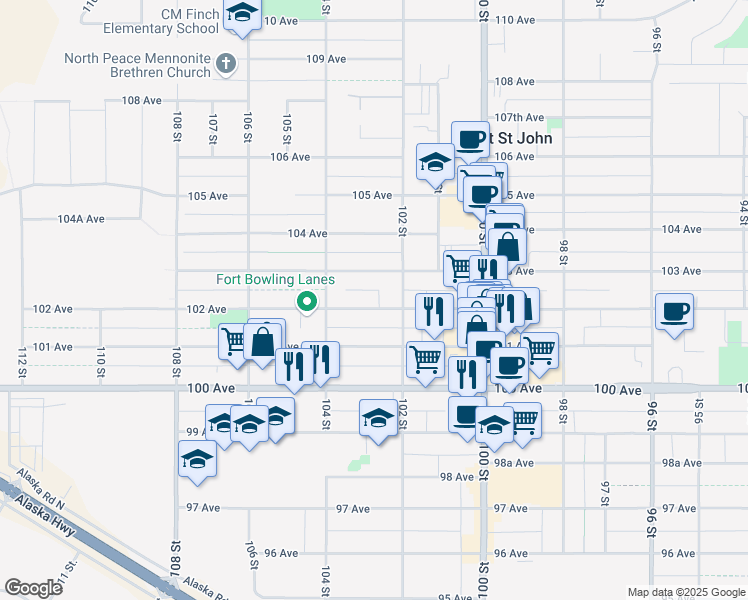 map of restaurants, bars, coffee shops, grocery stores, and more near 10224 102 Avenue in Fort Saint John