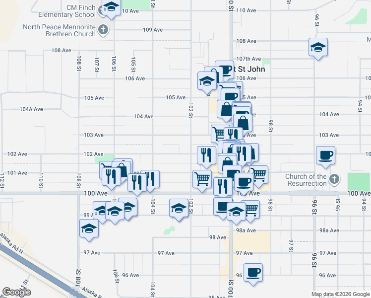 map of restaurants, bars, coffee shops, grocery stores, and more near 10216 102 Avenue in Fort St. John