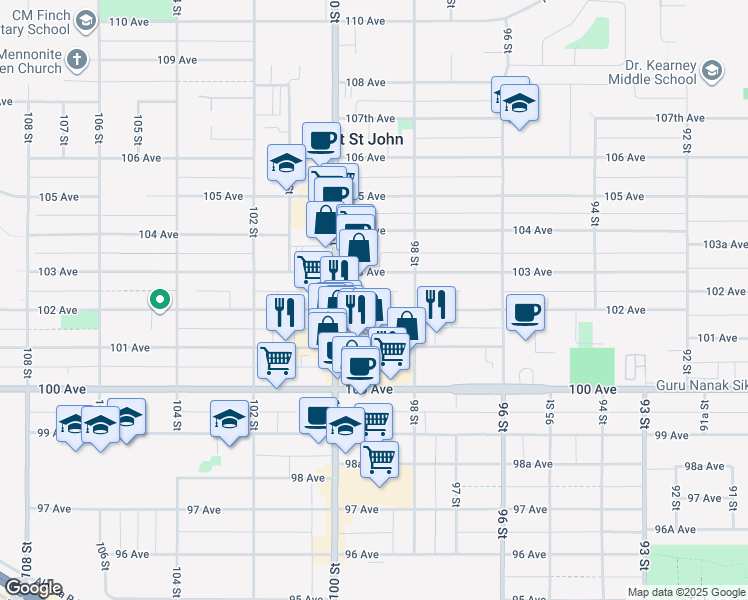 map of restaurants, bars, coffee shops, grocery stores, and more near 9908 102 Avenue in Fort Saint John