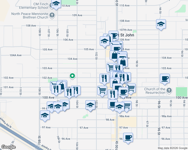 map of restaurants, bars, coffee shops, grocery stores, and more near 10216 102 Avenue in Fort St. John