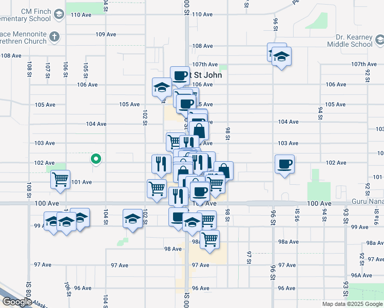 map of restaurants, bars, coffee shops, grocery stores, and more near 10128 100 Street in Fort St. John