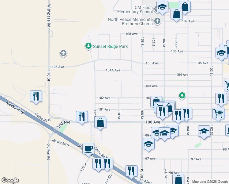 map of restaurants, bars, coffee shops, grocery stores, and more near 11004 102 Avenue in Fort St. John