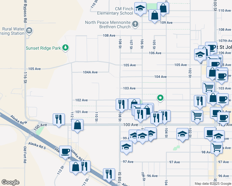 map of restaurants, bars, coffee shops, grocery stores, and more near 145-10904 102 Avenue in Fort St. John