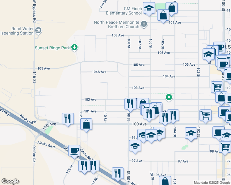 map of restaurants, bars, coffee shops, grocery stores, and more near 10907 102 Avenue in Fort St. John