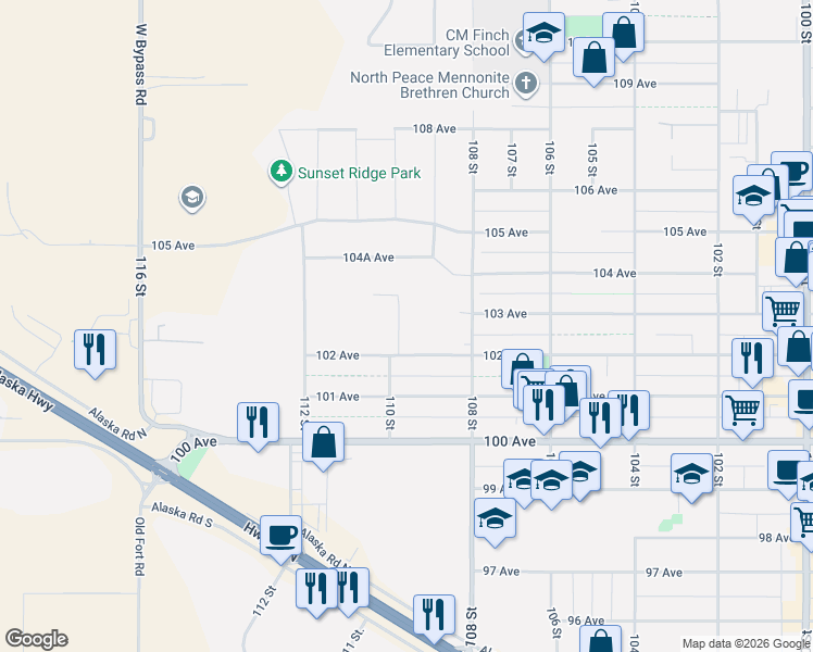 map of restaurants, bars, coffee shops, grocery stores, and more near 11004 102 Avenue in Fort St. John