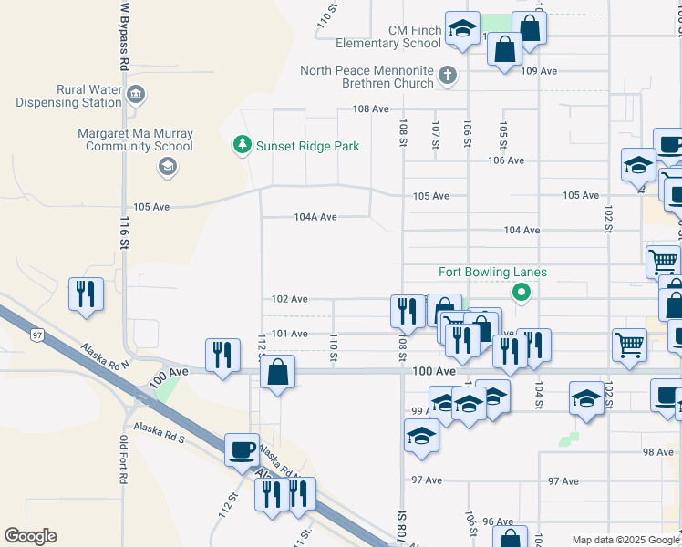map of restaurants, bars, coffee shops, grocery stores, and more near 10904 102 Avenue in Fort St. John