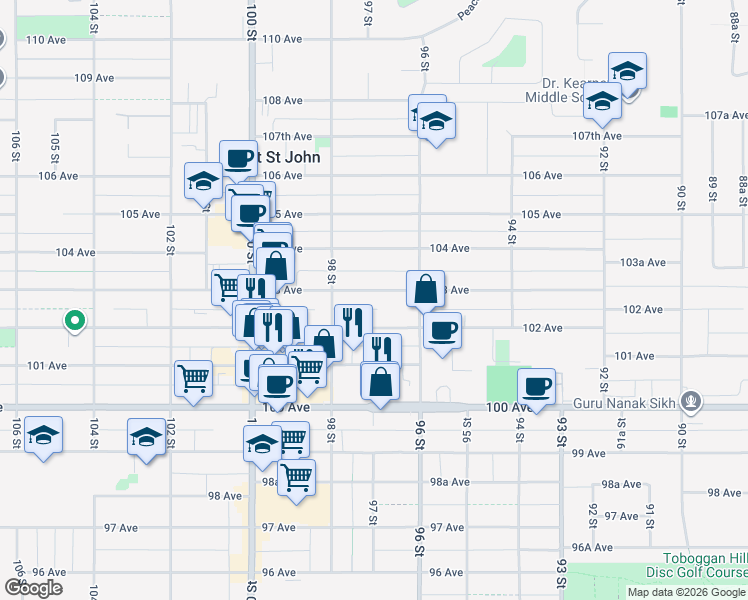 map of restaurants, bars, coffee shops, grocery stores, and more near 9707 103 Avenue in Fort Saint John