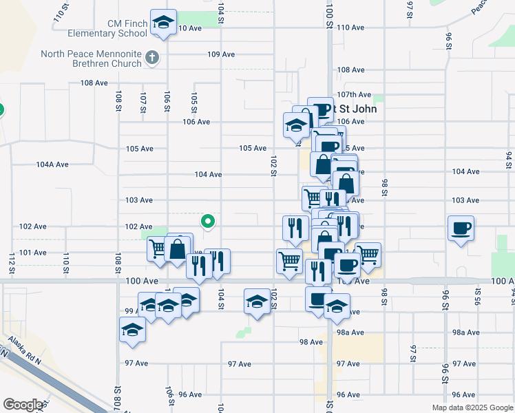 map of restaurants, bars, coffee shops, grocery stores, and more near 10219 103 Avenue in Fort Saint John