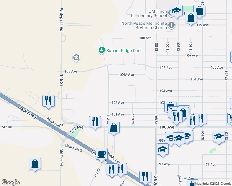 map of restaurants, bars, coffee shops, grocery stores, and more near 10303 112 Street in Fort St. John