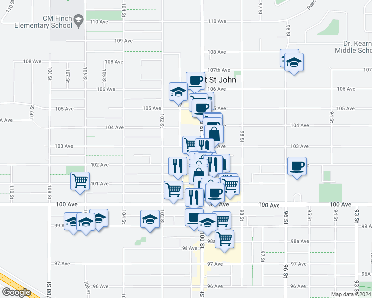 map of restaurants, bars, coffee shops, grocery stores, and more near 10019 103 Avenue in Fort St. John