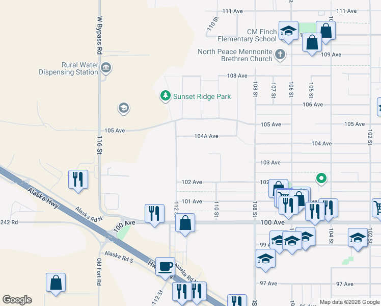 map of restaurants, bars, coffee shops, grocery stores, and more near 10213 112 Street in Fort Saint John